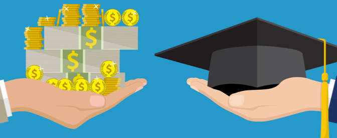 An image of a hand holding out dollars, and the other hand holding out a graduation cap